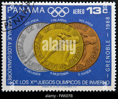 Stamp printed in Panama tribute to the winners of the Olympic Winter Games Grenoble, circa 1968 Stock Photo