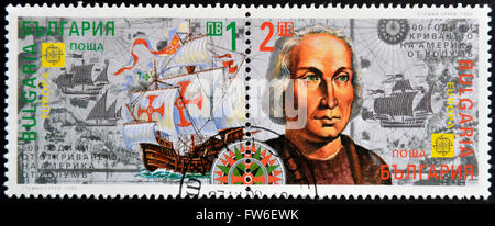 BULGARIA - CIRCA 1992: A stamp printed in Bulgaria shows the frigate ship of Christopher Columbus, circa 1992 Stock Photo