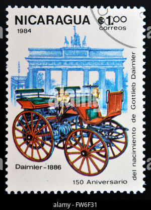 NICARAGUA - CIRCA 1984: A stamp printed in Nicaragua shows retro car, Daimler, 1886, circa 1984 Stock Photo