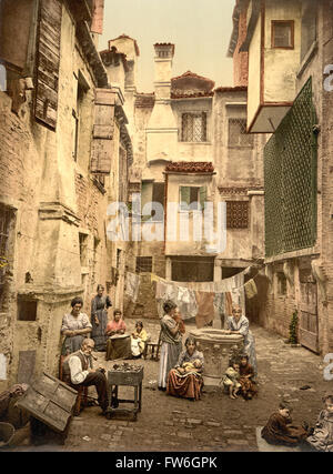 Old Venetian Courtyard, Venice, Italy, Photochrome Print, circa 1900 Stock Photo