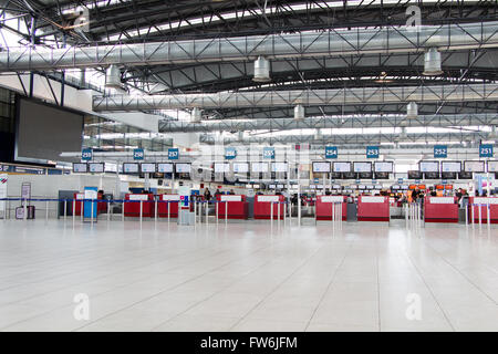 Departures hall of Vaclav Havel Airport Prague on February 10,2016. Prague Airport is the operator of the most important interna Stock Photo