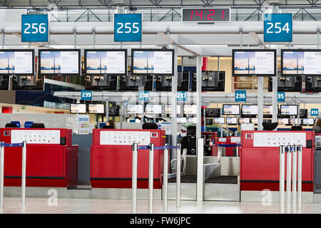 Departures hall of Vaclav Havel Airport Prague on February 10,2016. Prague Airport is the operator of the most important interna Stock Photo