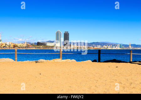 View of Barceloneta Beach and buildings in the background, Barcelona. Stock Photo