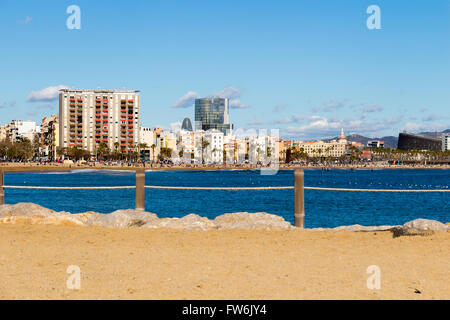 View of Barceloneta Beach and buildings in the background, Barcelona. Stock Photo