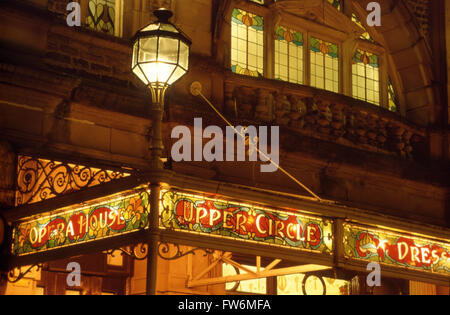 Opera House Buxton, Derbyshire - Stained glass portico, at night, reading 'Opera House. Upper Circle/Dress'. Art Nouveau style. Stock Photo