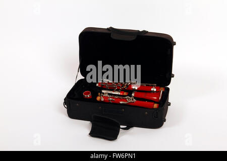 Red B flat clarinet in a case, made by Windsor Stock Photo