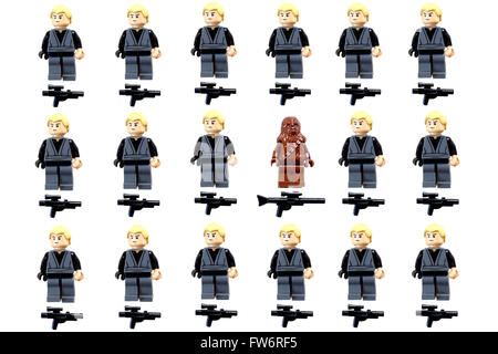 A grid of Lego Star Wars figures photographed against a white background. Stock Photo