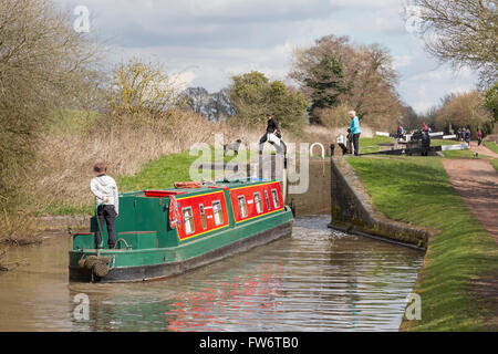 A narrowboat on the Worcester and Birmingham Canal near Tardebigge, Worcestershire, England, UK Stock Photo