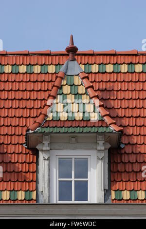 A roof in Greifswald, Mecklenburg-Vorpommern, Germany, representing the predominant architectual style of Brick Gothic. Stock Photo