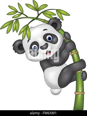 Cute funny baby panda hanging on the bamboo tree Stock Vector