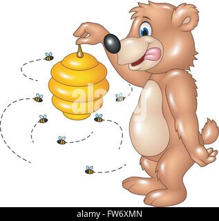 Cartoon funny bear holding Bee hive Stock Vector