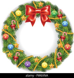 Illustration of Christmas Wreath with ribbons, balls and bow Stock Vector