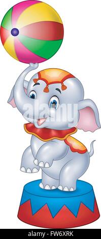 Circus elephant with a striped ball stands on a podium isolated on white background Stock Vector