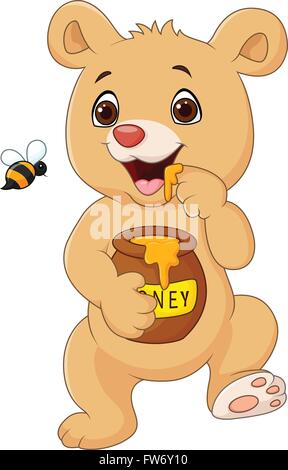 Cartoon baby bear holding honey pot on tree stump Stock Vector Image ...