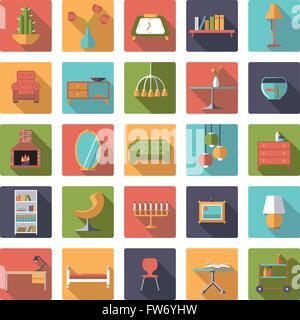 Interior, furniture and home decoration icons in rounded squares, flat design, long shadow Stock Vector