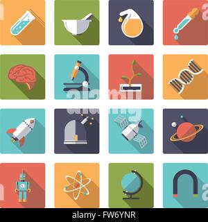 Flat design long shadow science and research themed vector icons in rounded squares Stock Vector