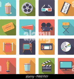 Flat design long shadow cinema and movie themed icons in square shape with rounded corners Stock Vector