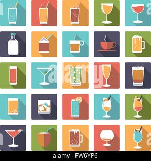 Flat design long shadow drink and beverage icons in squares Stock Vector