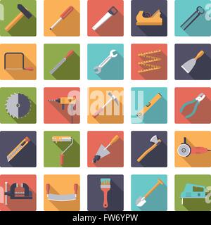 Flat design long shadow tools and crafting icons in rounded squares Stock Vector