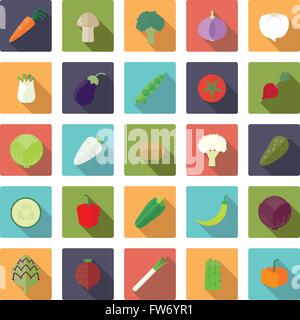 Flat design long shadow vegetables icons in rounded squares Stock Vector