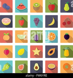 Flat design long shadow fruit icons in rounded squares Stock Vector