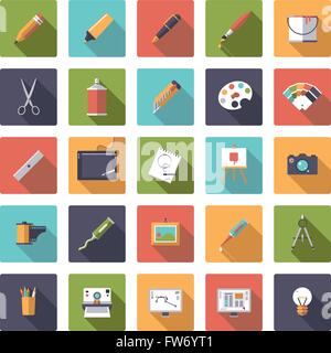 Collection of 25 flat art and design related vector icons in square shape with rounded corners Stock Vector