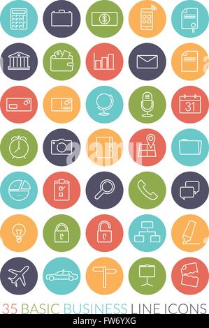 Basic Business And Office Line icons Collection, negative in colored circles Stock Vector