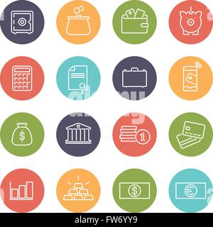 Money and finance related line icons, negative in colored circles Stock Vector