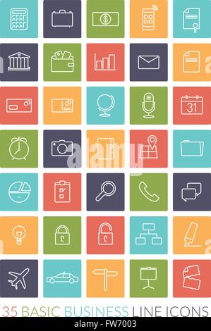 Basic Business And Office Line icons Collection, negative in colored squares Stock Vector