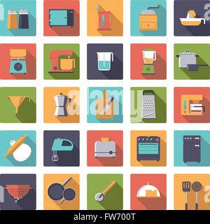 flat design long shadow kitchen and cooking related icons in rounded squares Stock Vector