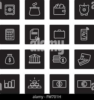 Money and finance related line icons set, negative in black squares Stock Vector