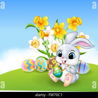 Cute little Easter Bunny painting an egg Stock Vector