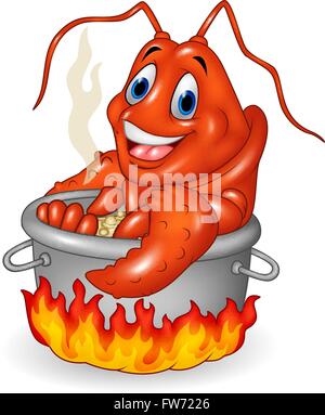 Cartoon funny lobster being cooked in a pan Stock Vector