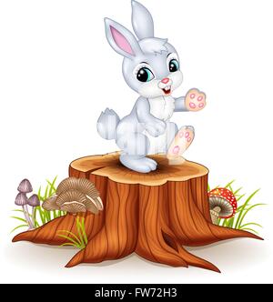 Cute bunny standing on tree stump Stock Vector