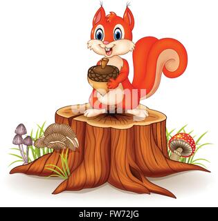 Cartoon funny squirrel holding pine cone on tree stump Stock Vector