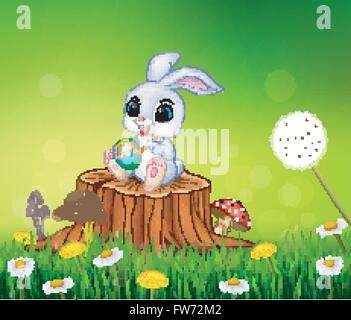 Cartoon Easter Bunny painting an egg on tree stump in summer season background Stock Vector