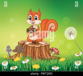 Cartoon squirrel holding pine cone on tree stump in summer season background Stock Vector