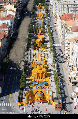 AERIAL VIEW. Lemon Festival at the Biovès Garden in 2016. Menton, Alpes-Maritimes, French Riviera, France. Stock Photo