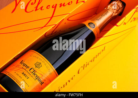 Tambov, Russian Federation - August 16, 2015: Bottle of Champagne Veuve Clicquot Brut in gift box. Studio shot. Stock Photo