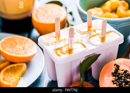 Natural juice and ingredients homemade popsicle, on wooden table Stock Photo