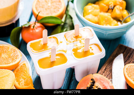 Natural juice and ingredients homemade popsicle, on wooden table Stock Photo