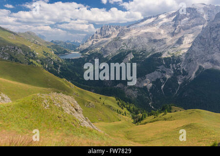View from the trail Viel dal Pan over the glacier of the Marmolada in the Dolomites Stock Photo