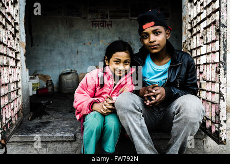 Brother and Sister in Kathmandu, Nepal Stock Photo