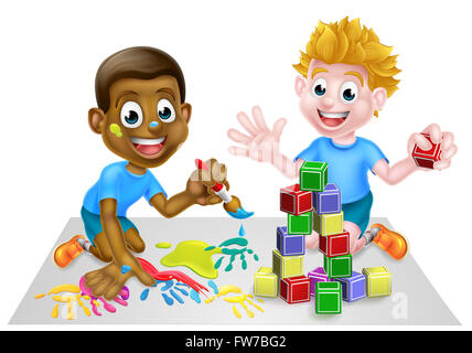 Cartoon boys playing with toys, one black one white, with paint and building blocks Stock Photo