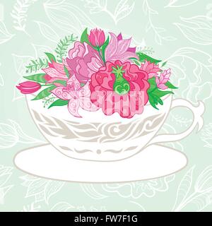 Vector greeting card with ornamental florals and leaves on soft green background Stock Vector