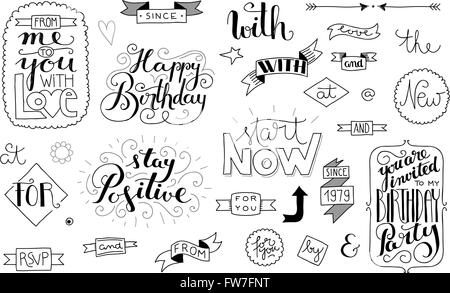 set of hand lettering catchwords and quotes, banners and design elements Stock Vector