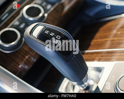 Close-up of automatic transmission gearshift In a luxury SUV, shallow depth of field Stock Photo