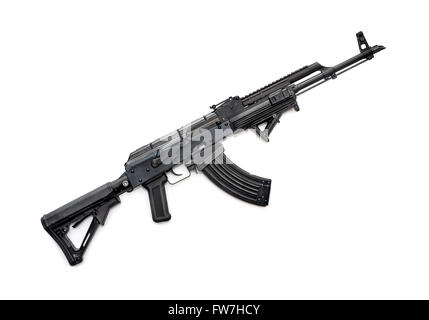 Tactical custom built AK-47 rifle on white background