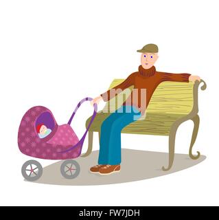 Man with child in pram sitting on a park bench, cartoon vector illustration. Stock Vector