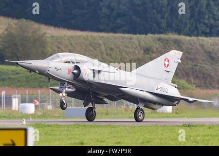 Dassault Mirage III DS fighter aircraft in Swiss Air Force markings (J-2012), the aircraft carries the civil registration HB-RDF Stock Photo